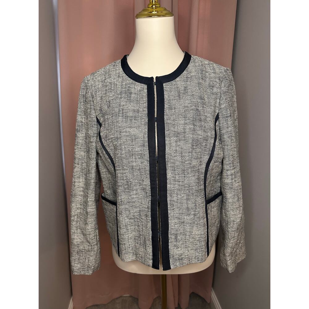 EUC J. Crew Women’s Navy Tweed Collarless Cropped Blazer Sz 14 Pockets Hook Eye